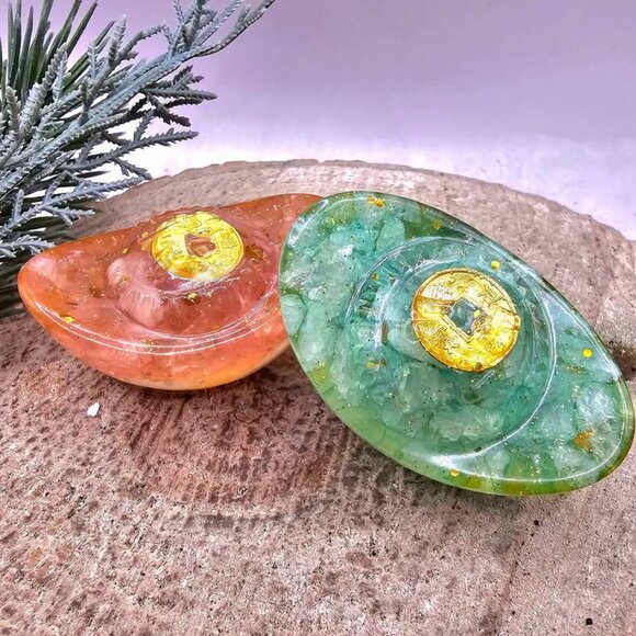 Set Of 2pcs Crystal Chip Resin Ancient Gold (Yuanbao) Decor - Picture 1 of 9